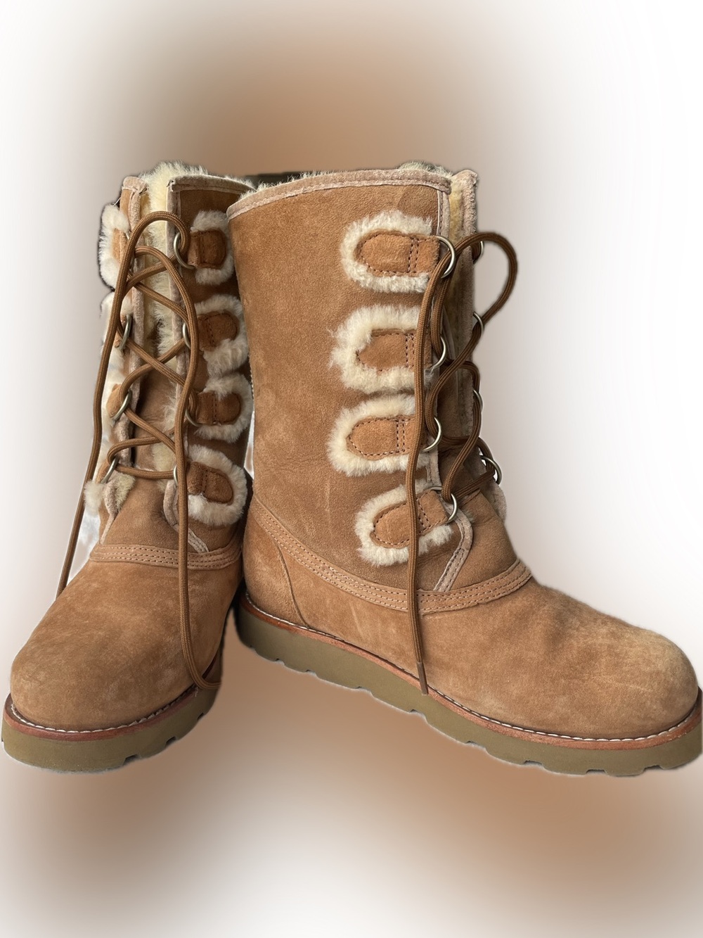UGG Chestnut Suede Shearling-Trim Lace-Up Winter Boots Size 8 Warm and Cozy